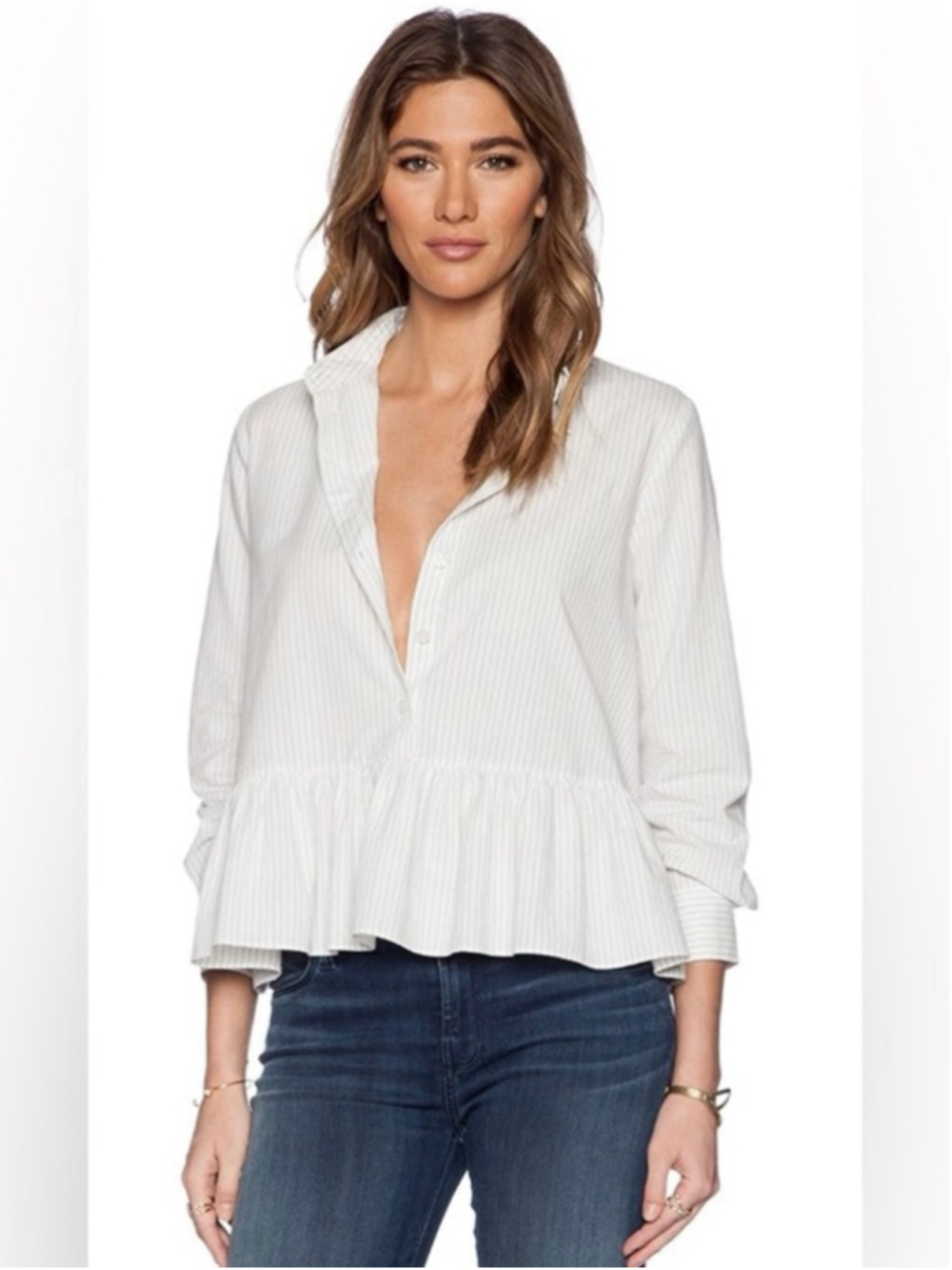 The Great The Ruffle Oxford Shirt in Grey & Cream Stripe Size 0 Oversized